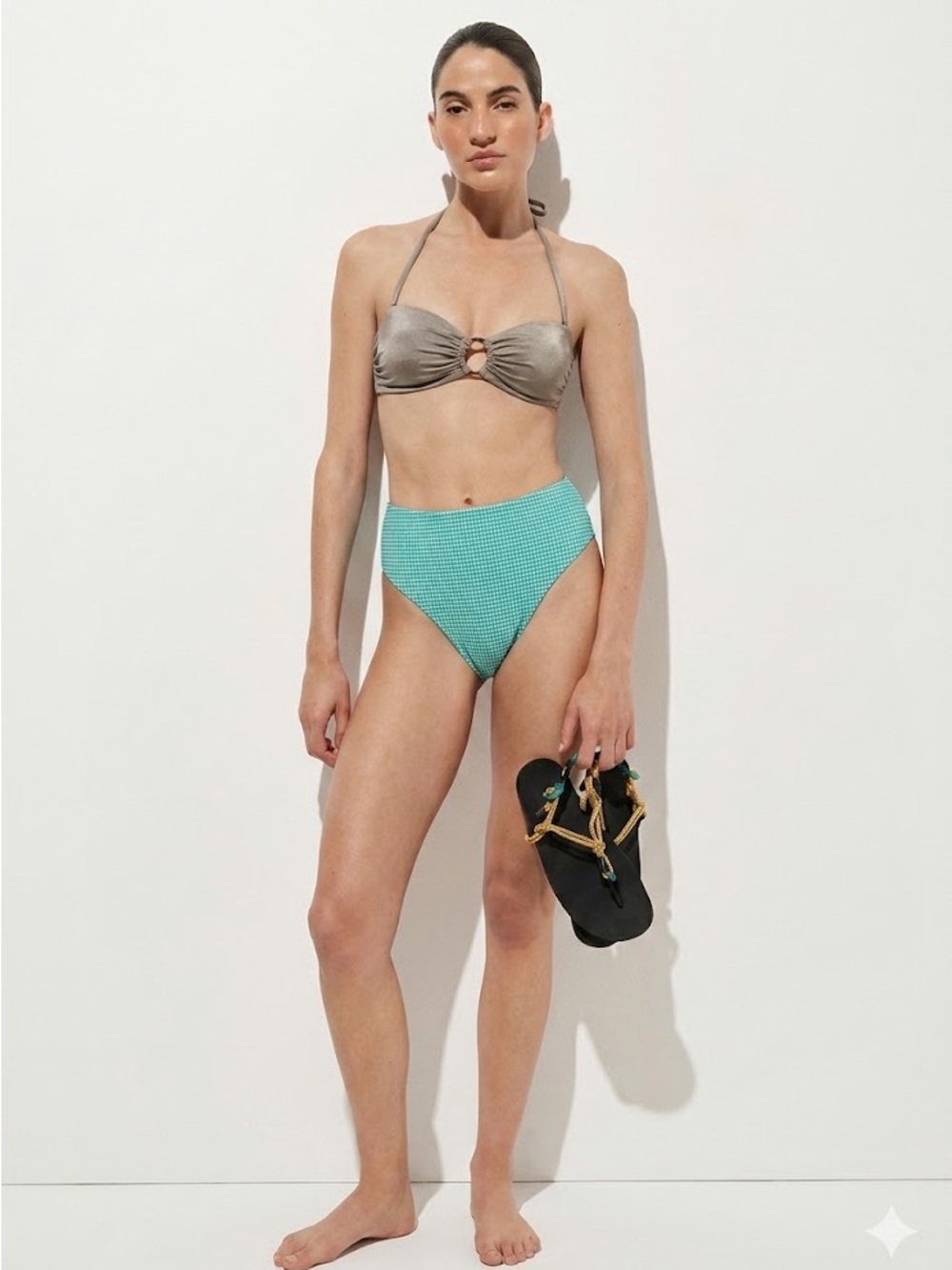 J.Crew High Waisted Textured Tiny Gingham White Aqua Marina Green Bikini Bottom